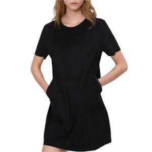 Zara‎ Black Suede Faux Leather Dress with Pockets Short Sleeve Crew Neck